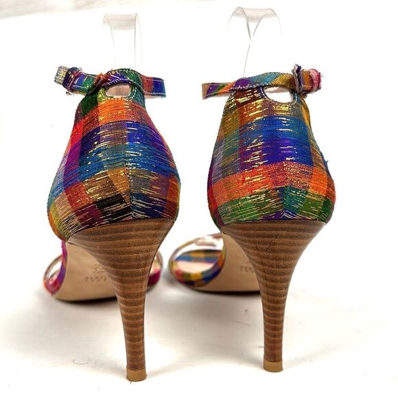 STUART WEITZMAN Metallic Rainbow Plaid Leather Ankle Strap Nunaked Sandals 9,5 - Picture 10 of 15